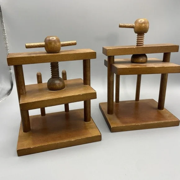 VTG (2) 70's Wine Press Wood And Cork Coaster Set Cork Screw Vice MCM Table Top - Picture 3 of 9